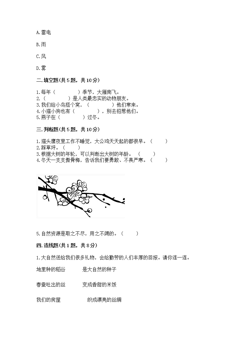 人教部编版 一年级下册第二单元 我和大自然 5 风儿轻轻吹 试卷附答案【实用】第2页
