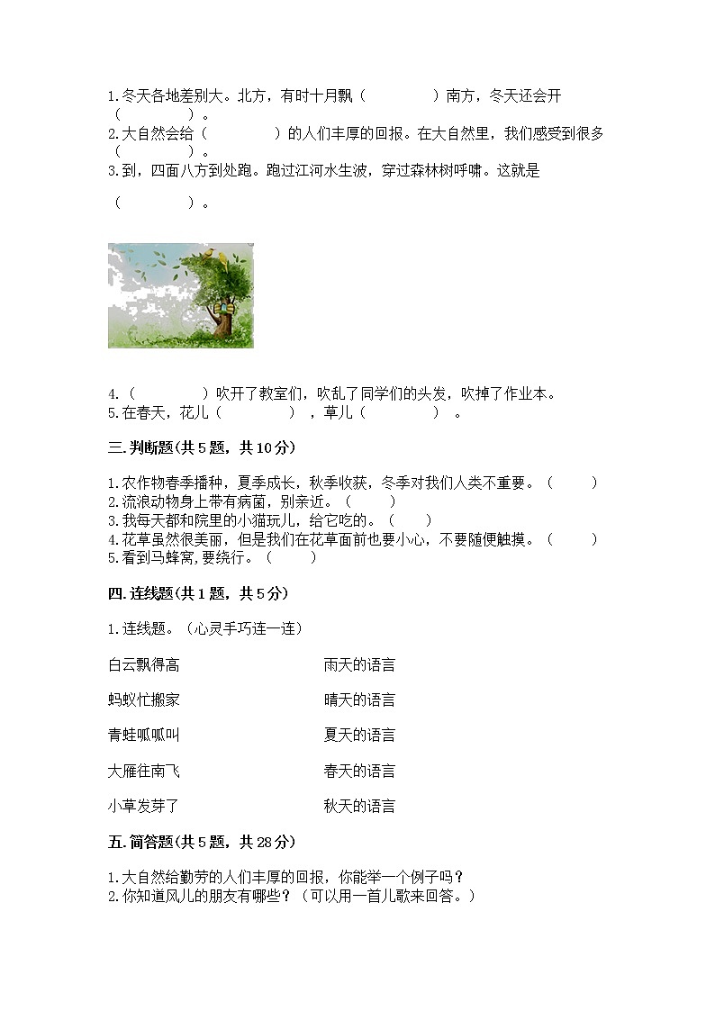 人教部编版 一年级下册第二单元 我和大自然 5 风儿轻轻吹 试卷加答案（实用）第2页