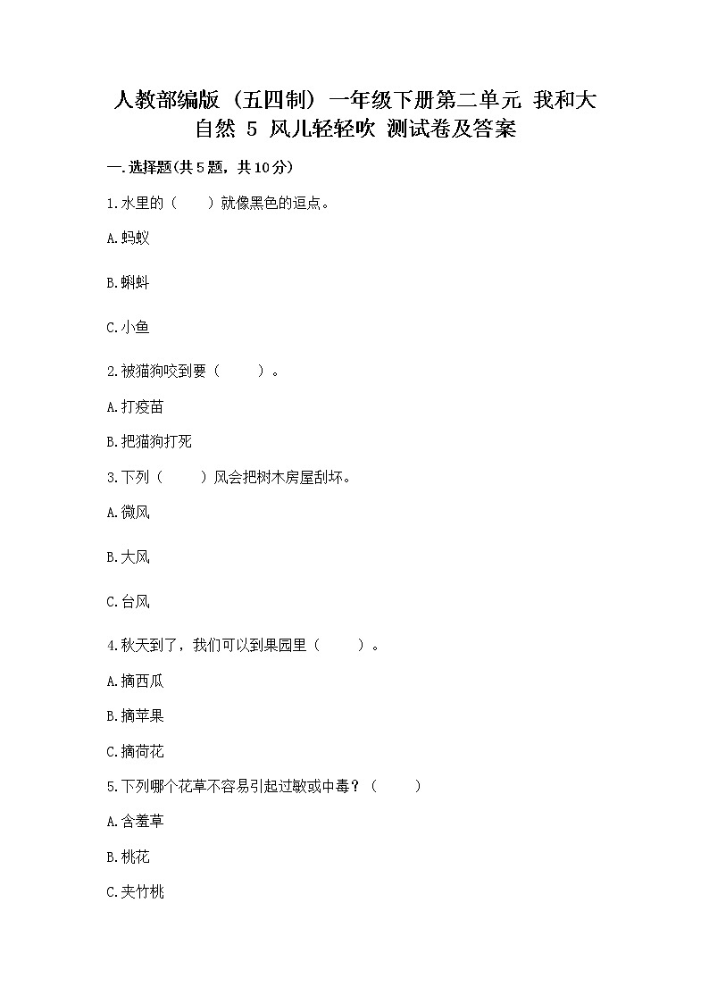 人教部编版  一年级下册第二单元 我和大自然 5 风儿轻轻吹 测试卷附参考答案（培优A卷）01