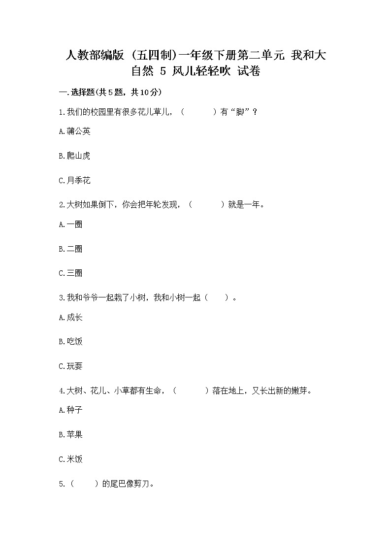 人教部编版 一年级下册第二单元 我和大自然 5 风儿轻轻吹 试卷（考点精练）第1页