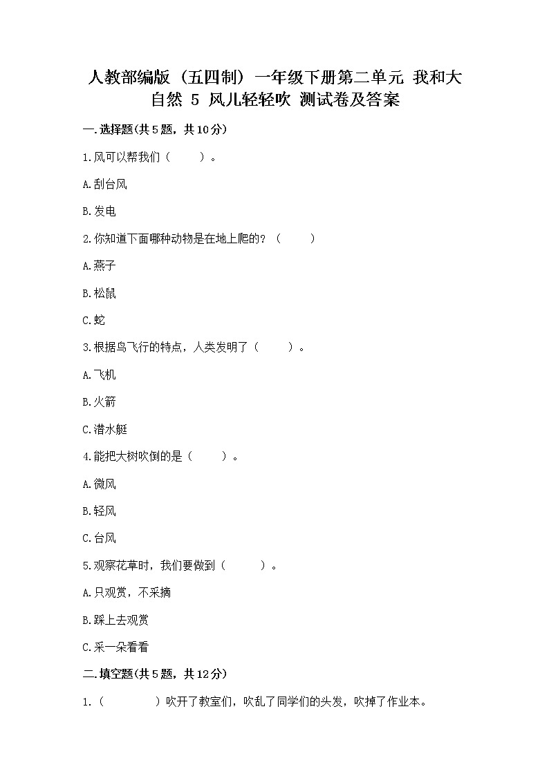 人教部编版  一年级下册第二单元 我和大自然 5 风儿轻轻吹 测试卷附参考答案【培优A卷】第1页