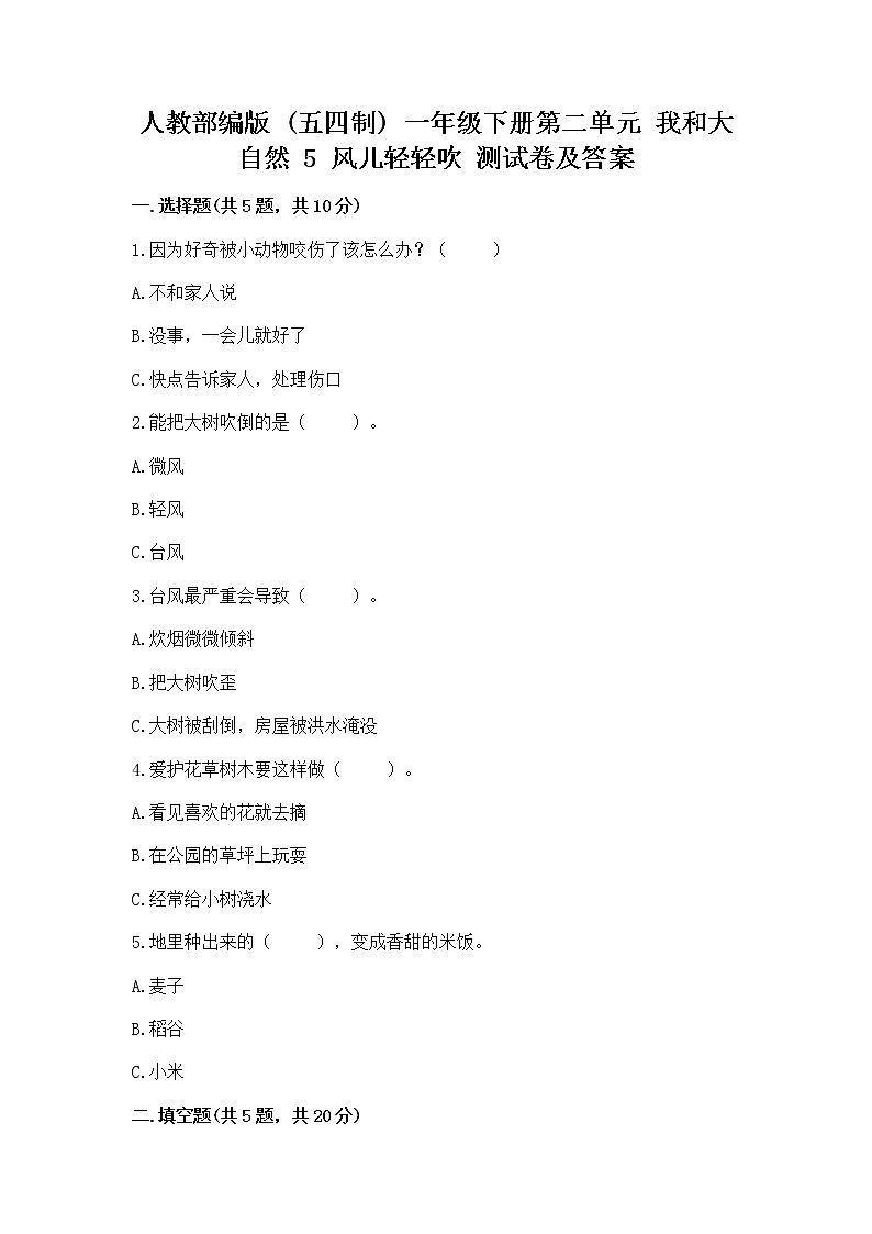 人教部编版  一年级下册第二单元 我和大自然 5 风儿轻轻吹 测试卷加答案（综合卷）第1页