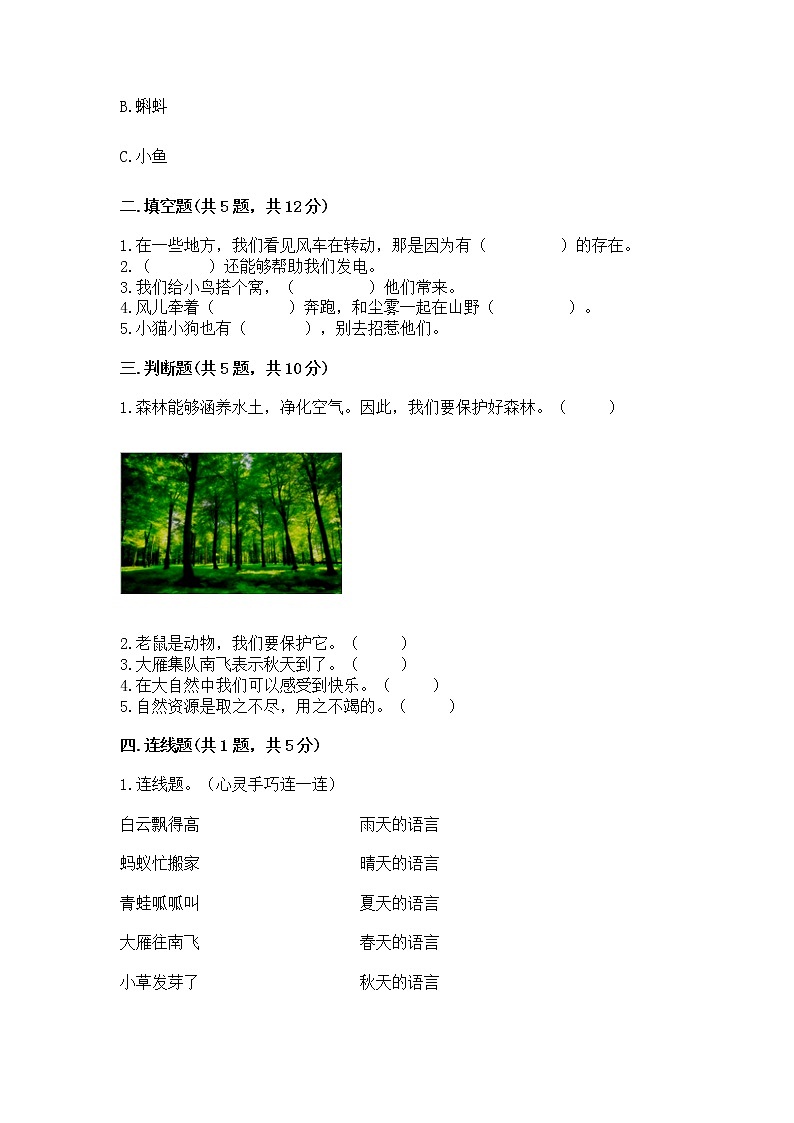 人教部编版  一年级下册第二单元 我和大自然 5 风儿轻轻吹 测试卷加答案（精品）第2页