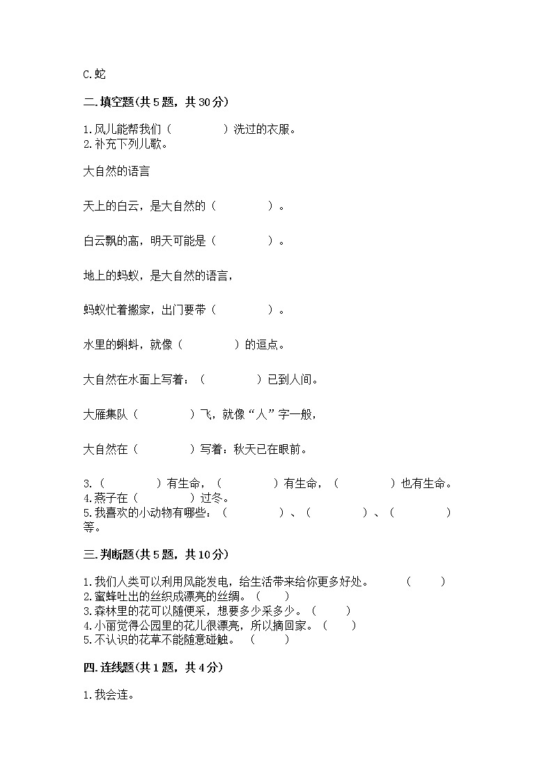 人教部编版 一年级下册第二单元 我和大自然 5 风儿轻轻吹 试卷加答案（精品）第2页