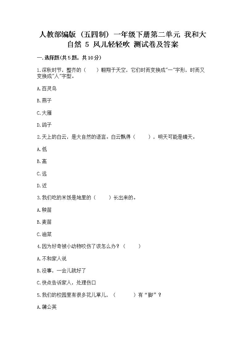 人教部编版  一年级下册第二单元 我和大自然 5 风儿轻轻吹 测试卷加答案（实用）第1页