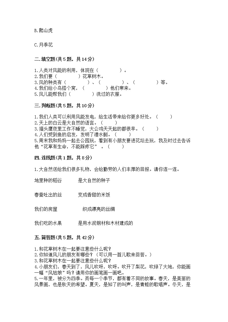 人教部编版  一年级下册第二单元 我和大自然 5 风儿轻轻吹 测试卷（实用）第2页