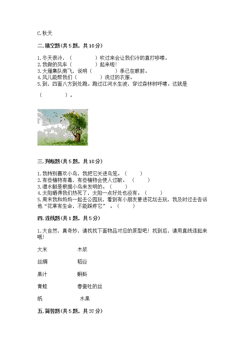 人教部编版  一年级下册第二单元 我和大自然 5 风儿轻轻吹 测试卷及参考答案【培优A卷】第2页