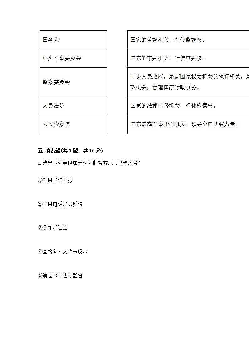 人教部编版  五年级下册第四单元 我们的国家机构 8 国家机构有哪些测试卷带答案（培优B卷）第3页