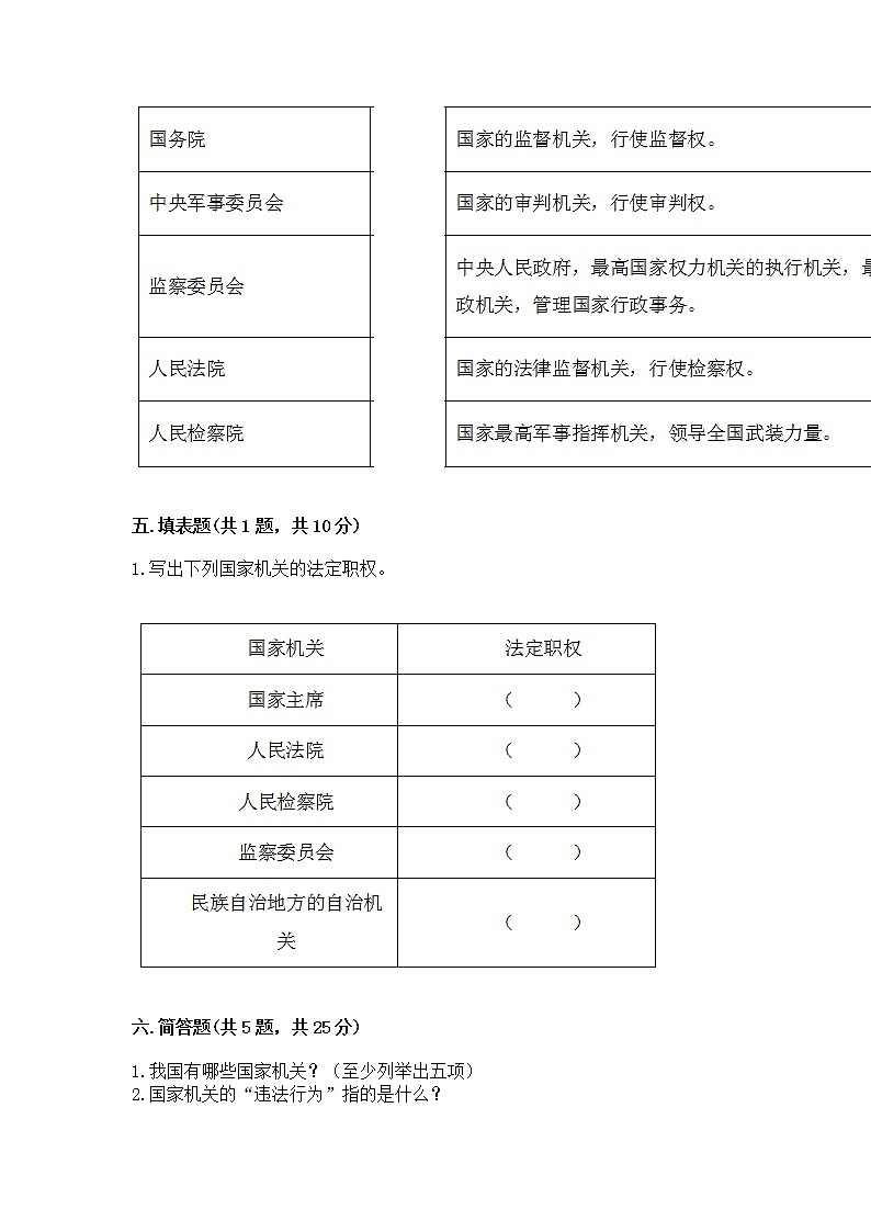 人教部编版  五年级下册第四单元 我们的国家机构 8 国家机构有哪些测试卷【培优B卷】第3页