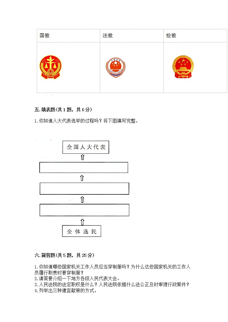 人教部编版  五年级下册第四单元 我们的国家机构 8 国家机构有哪些测试卷及参考答案【培优】第3页