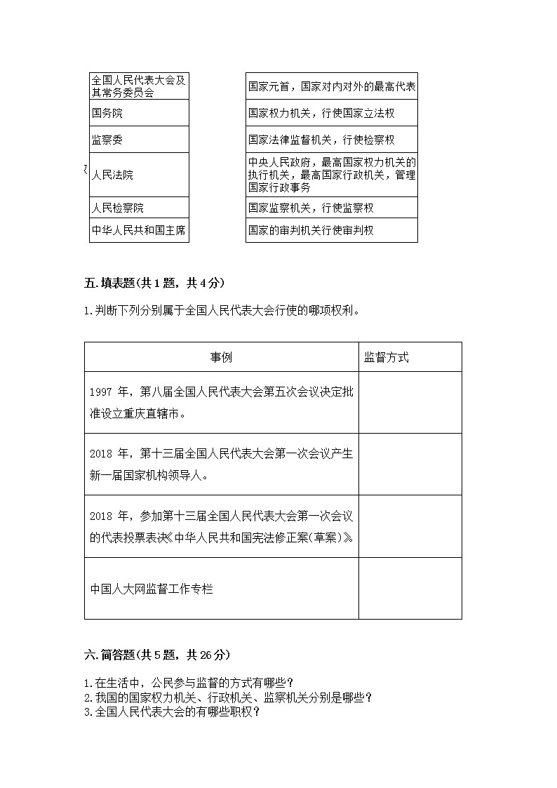 人教部编版  五年级下册第四单元 我们的国家机构 8 国家机构有哪些测试卷精品加答案第3页