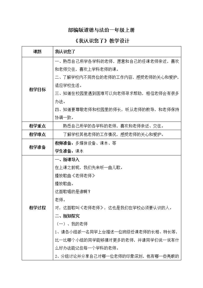 【核心素养】部编版道德与法治一上1.3《我认识您了》 课件+教学设计01