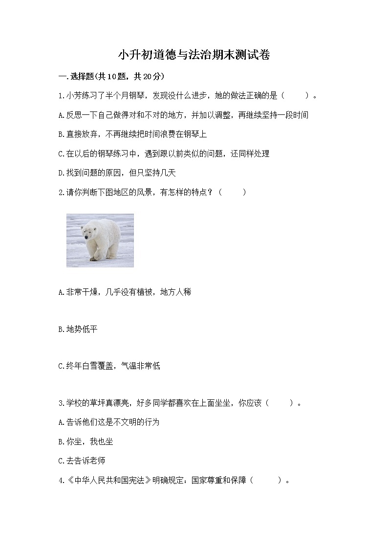 小升初道德与法治期末测试卷（名师推荐）第1页