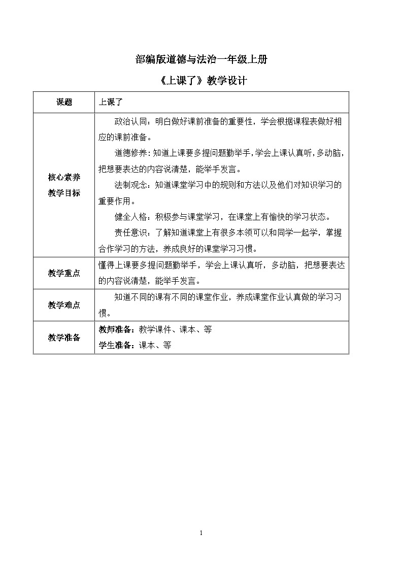 【核心素养目标】部编版道德与法治一上2.4《上课了》教学设计第1页