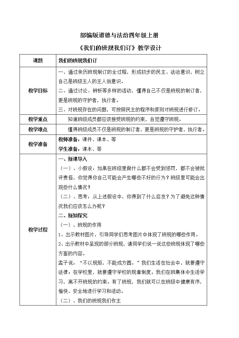 【核心素养目标】部编版道德与法治四上1.2《我们的班规我们订》课件+教学设计01