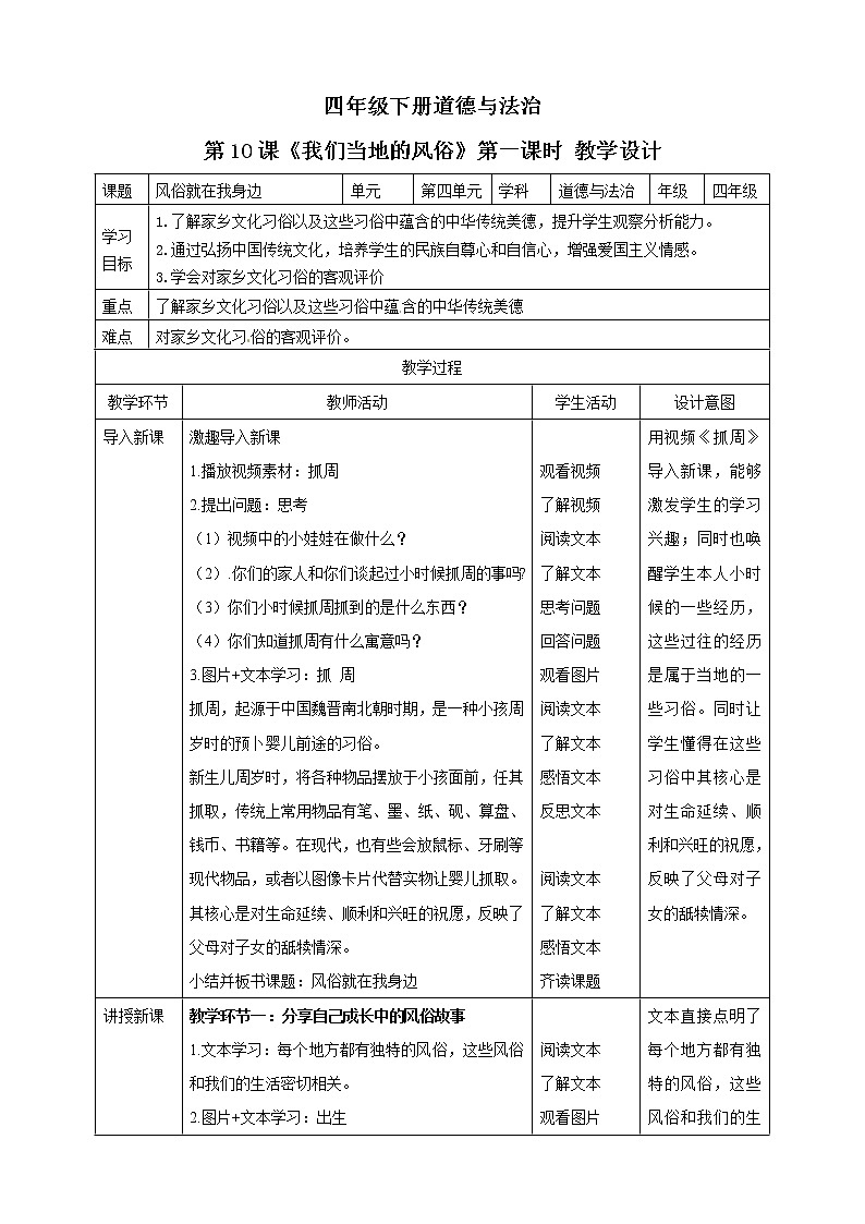 四年级下册道德与法治第10课《我们当地的风俗》PPT教学课件（第一课时）+素材+教案教学设计01