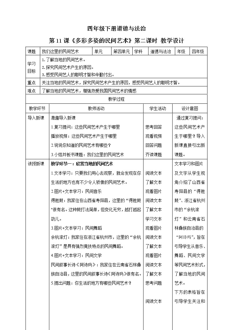 四年级下册道德与法治第11课《多姿多彩的民间艺术》教案教学设计（第二课时）第1页