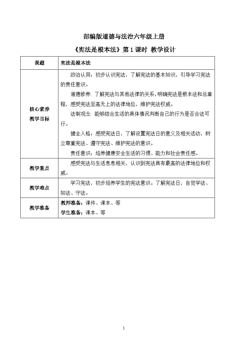 【核心素养目标】部编版道德与法治六上1.2《宪法是根本法》第1课时 课件+教学设计01