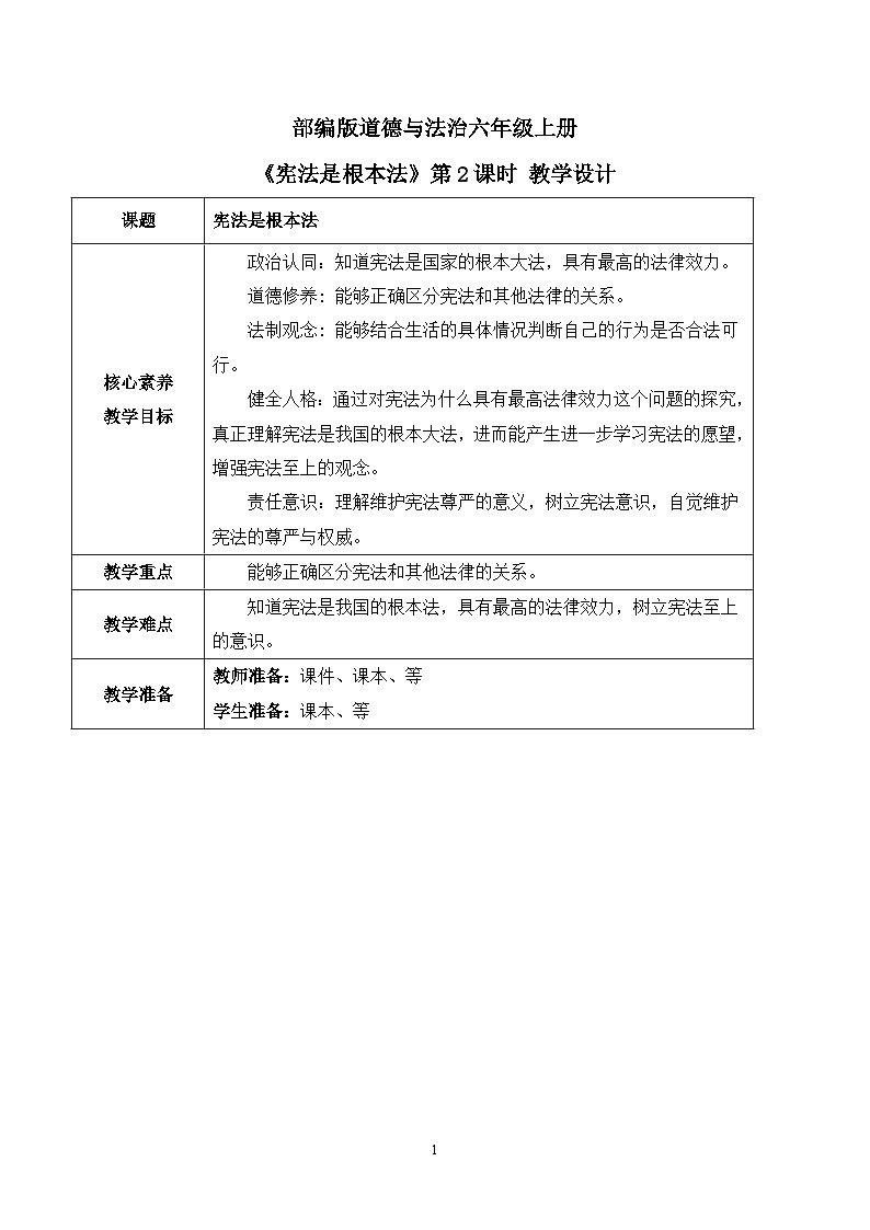 【核心素养目标】部编版道德与法治六上1.2《宪法是根本法》第2课时 课件+教学设计01