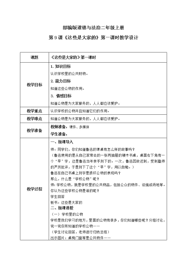 第9课《这些是大家的》第一课时教学设计教案+课件PPT+同步练习01