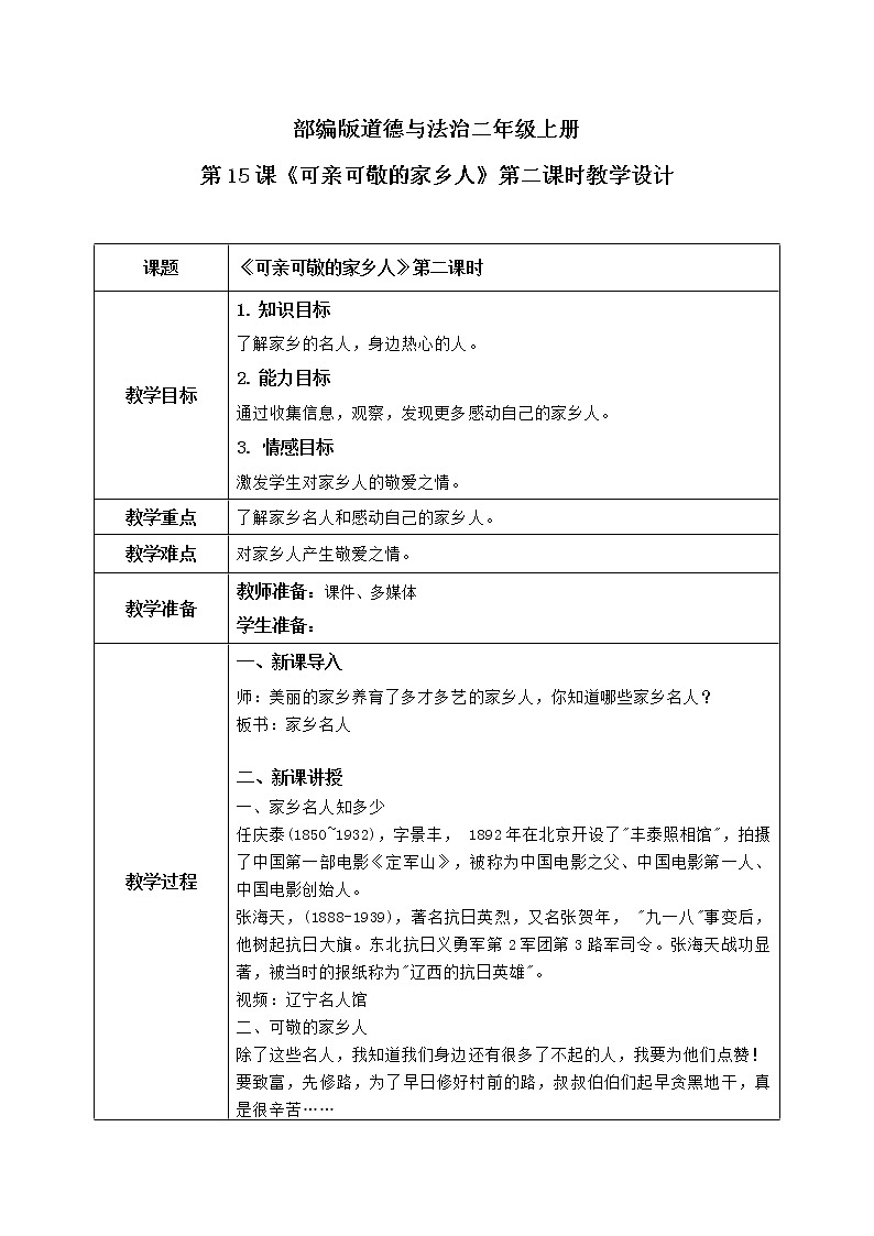 第15课《可亲可敬的家乡人》第二课时教学设计教案+课件PPT+同步练习+教学反思01