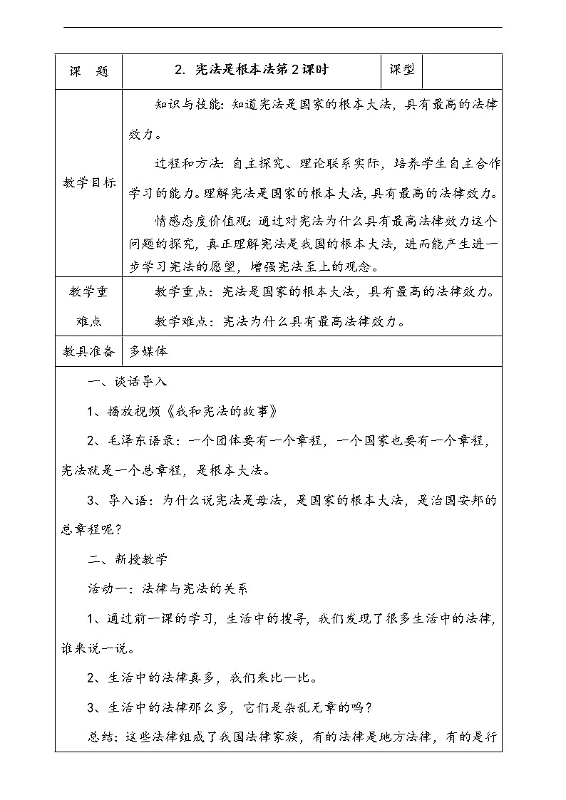 2.宪法是根本法第2课时教案第1页
