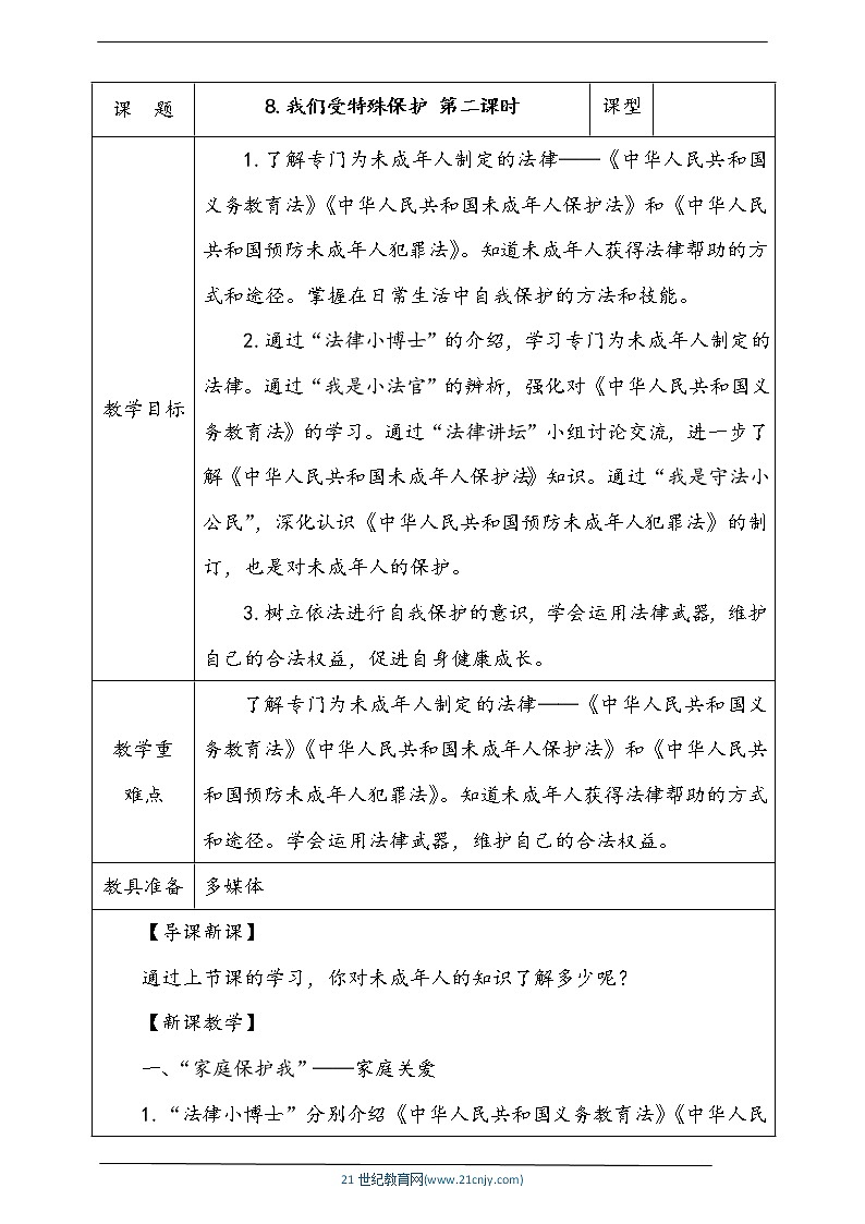 人教部编版道德与法治六年级上册8.我们受特殊保护 第2课时 课件+配套教案01