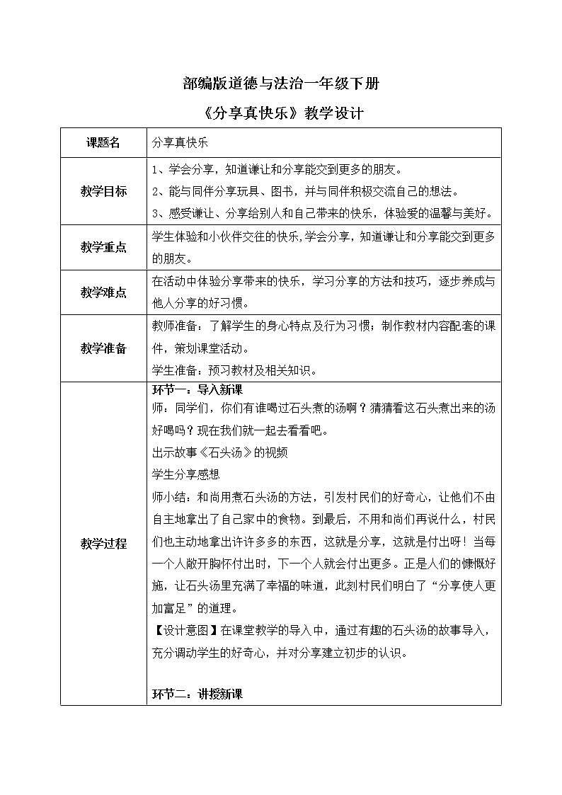 道法一下 第15课分享真快乐  教案第1页