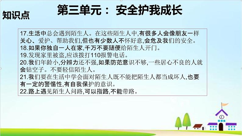 2022—2023学年第一学期三年级上册道德与法治第三单元-安全护我成长-期末知识点复习大串讲PPT教学课件+随堂练习（含答案）  2第6页