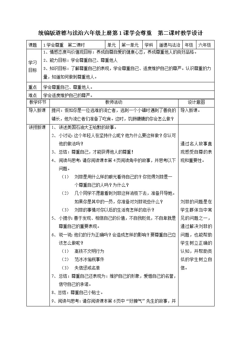 道德与法制六年级下册 1学会尊重  第二课时 教案第1页