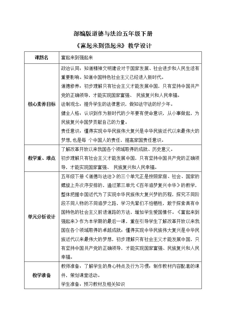 道法五下 第12课 富起来到强起来  教案01