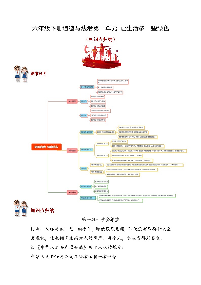 2022-2023学年六年级下册道德与法治单元复习讲义+课件（部编版）：第一单元 完善自我 健康成长 知识点归纳（讲义）01