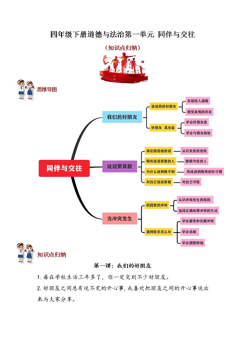 2022-2023学年四年级下册道德与法治单元复习讲义+课件（部编版）：第一单元：同伴与交往 知识点归纳（讲义）01