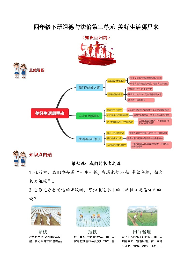 2022-2023学年四年级下册道德与法治单元复习讲义+课件（部编版）：第三单元 美好生活哪里来01