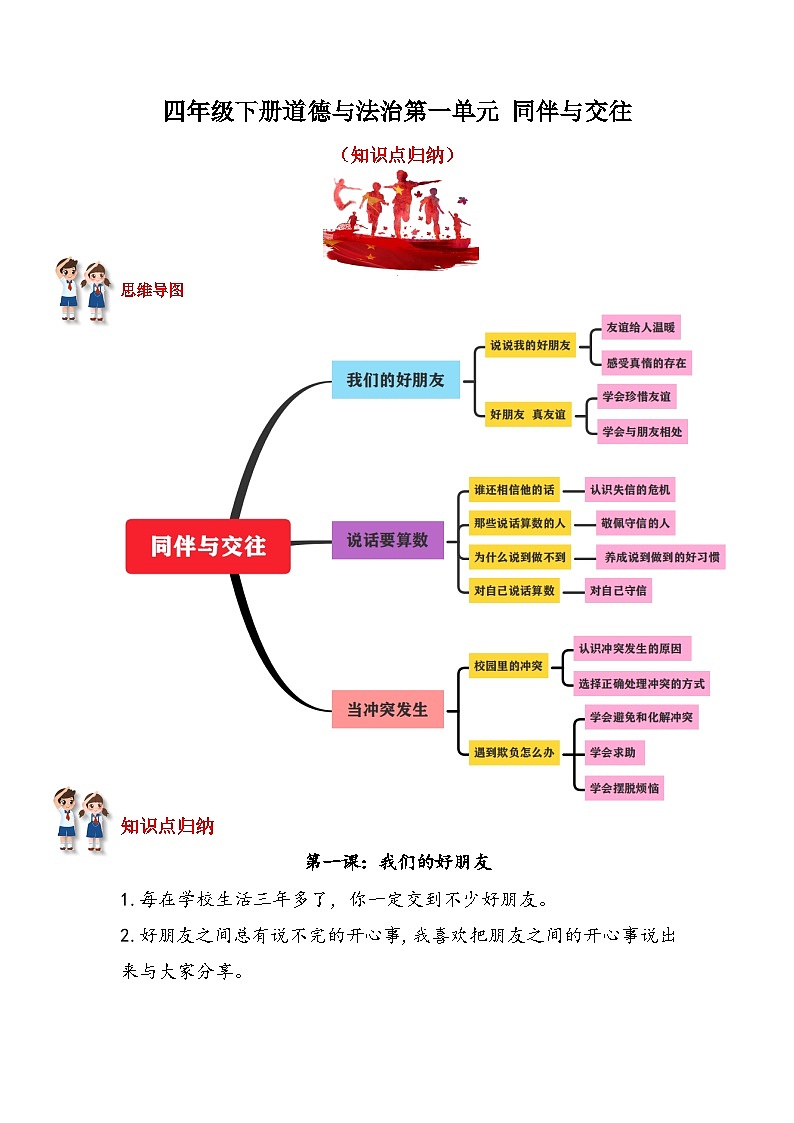 道德与法制四年级下册 第一单元：同伴与交往 知识点归纳01