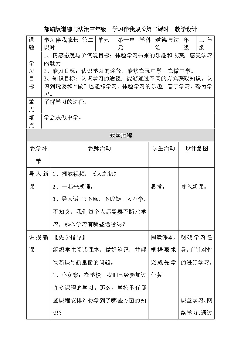道法部编版五四学制1.学习伴我成长 第二课时 课件+教案01
