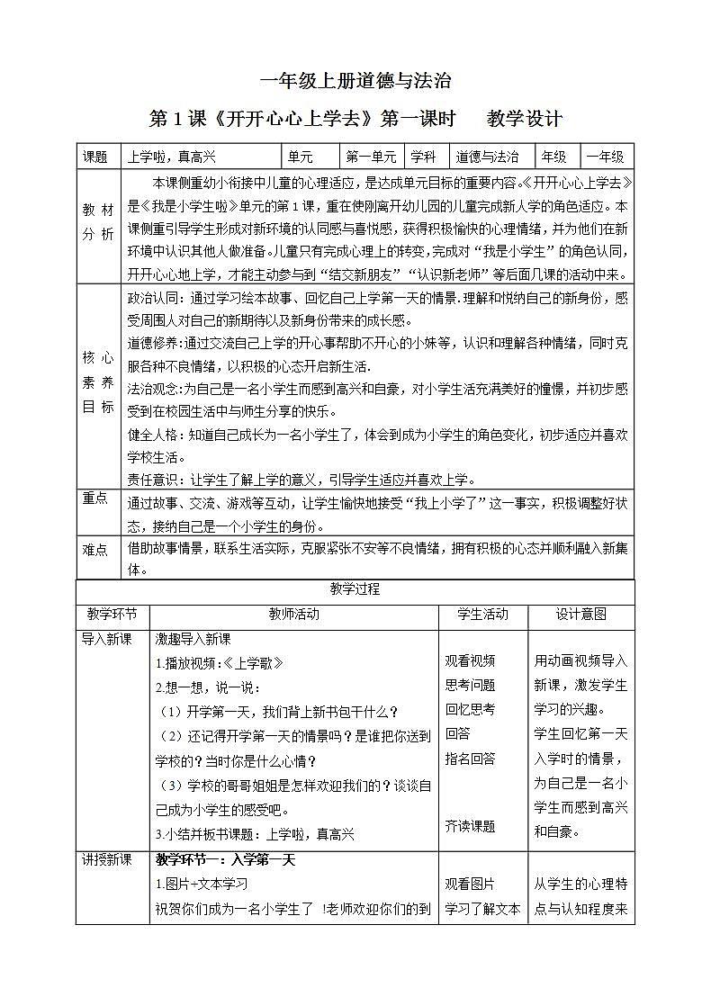 【核心素养目标】一年级上册道德与法治第1课《开开心心上学去》PPT教学课件（第一课时）+素材+教案教学设计01