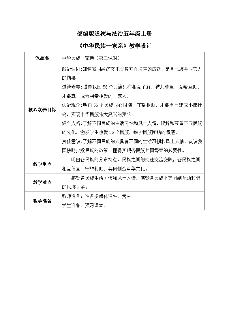 [核心素养目标]部编版5上道德与法治第七课《中华民族一家亲》第二课时   教案01