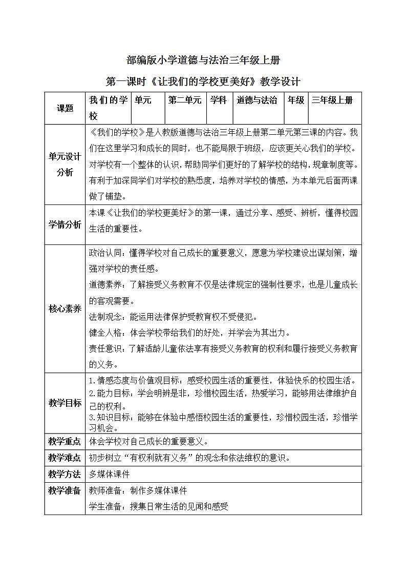 【核心素养】部编版小学道德与法治三年级上册 第一课时 让我们的学校更美好课件+教案+同步分层练习（含教学反思和答案）01
