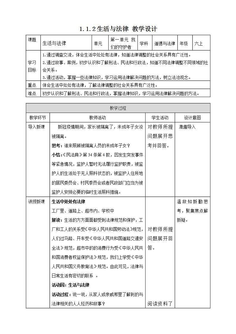 道德与法治部编版六年级上1.1《感受生活中的法律 第2课时 生活与法律》课件+教案+练习+素材01