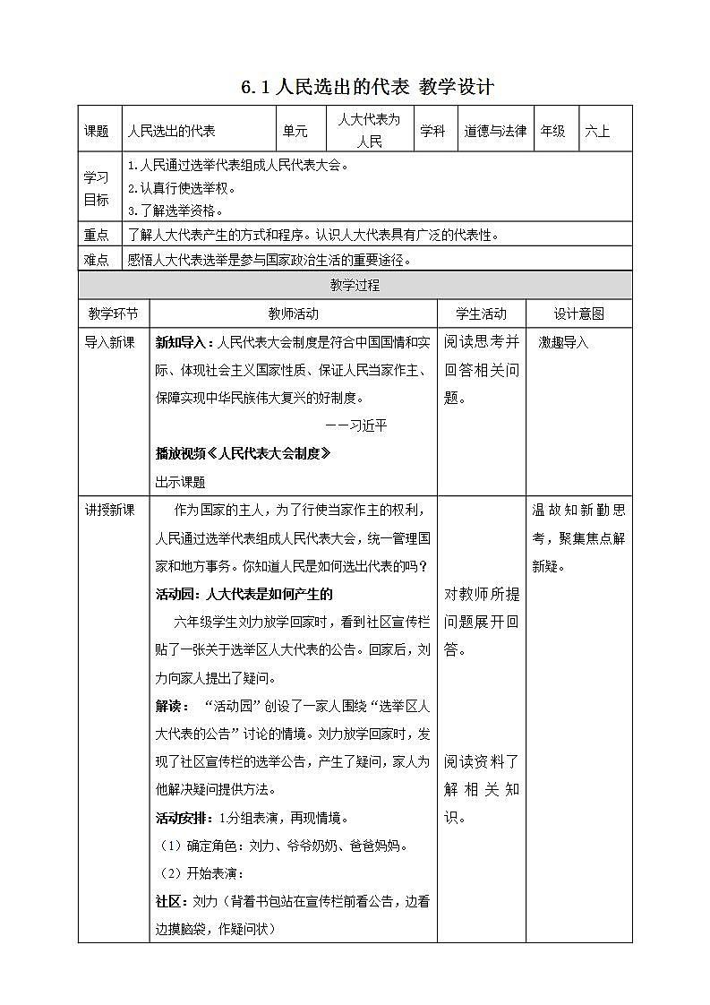 道德与法治部编版六年级上3.6《人大代表为人民 第1课时 人民选出的代表》课件+教案+练习+素材01