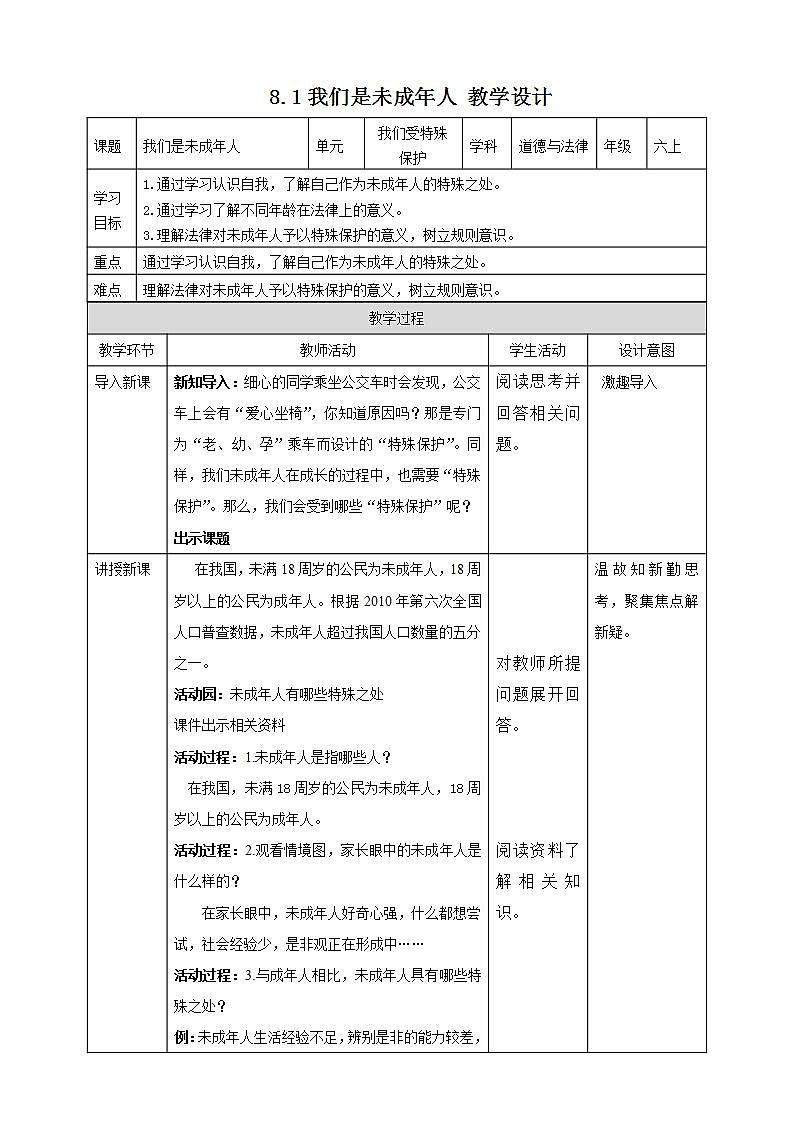 人教部编版道德与法治六上 4.8我们受特殊保护 第1课时 我们是未成年人（教案）第1页