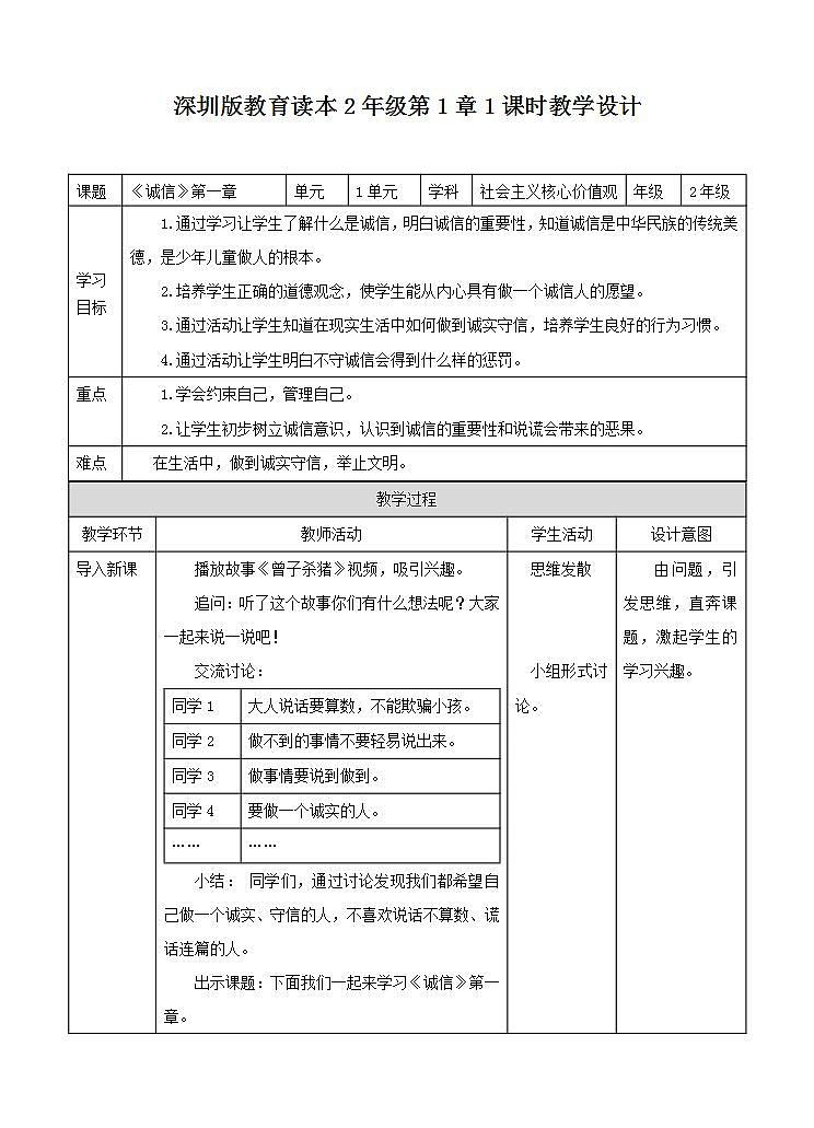 《诚信》第1章 教案-社会主义核心价值观 二年级01