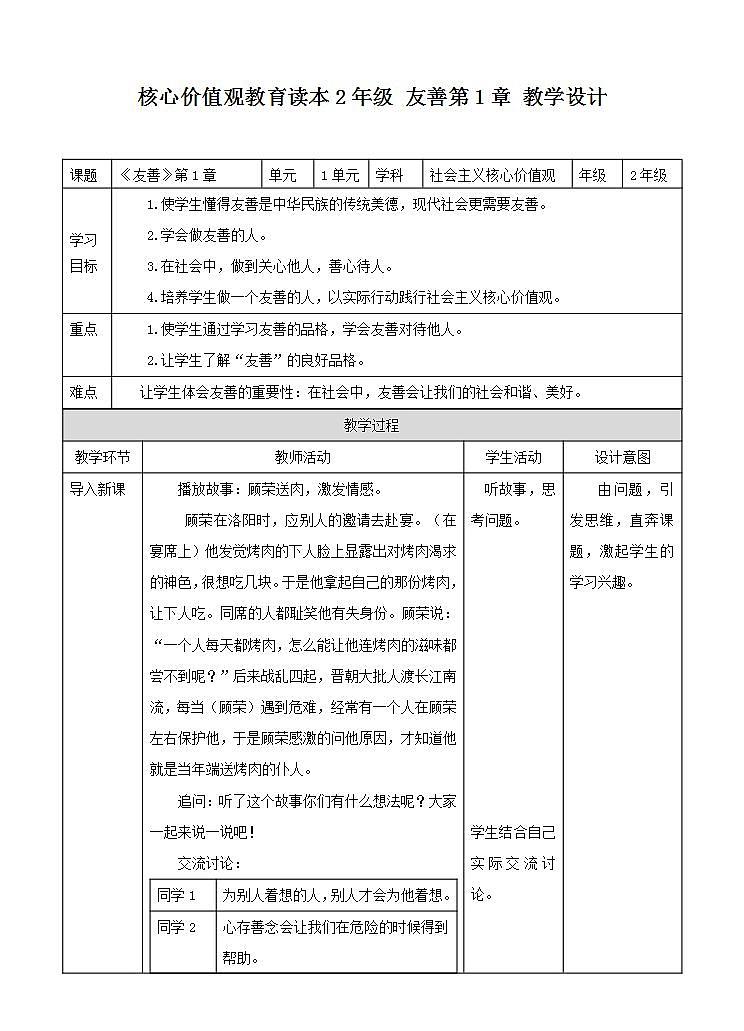 友善 第1章 教案-社会主义核心价值观 二年级01