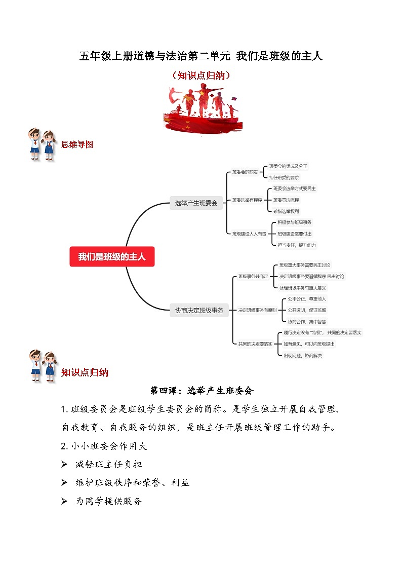 【重难点讲义】部编版道德与法治五年级上册：第2单元 我们是班级的主人 知识点归纳讲义01
