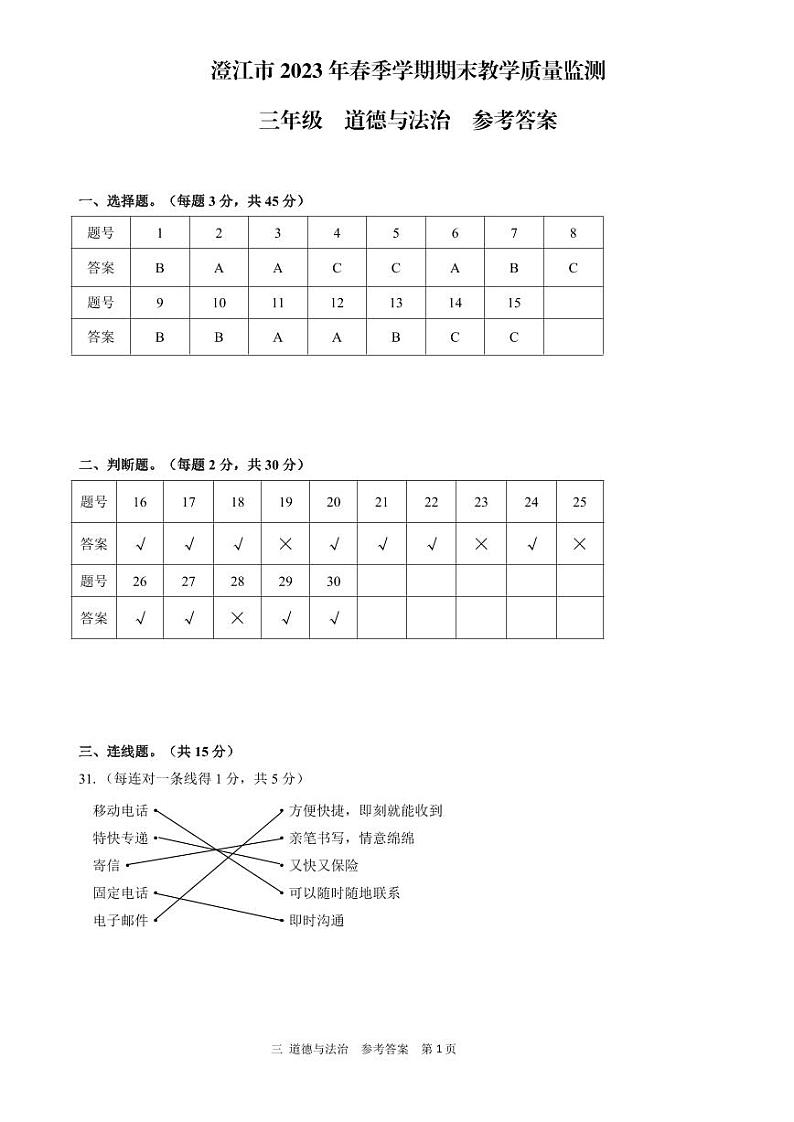 云南省玉溪市澄江市2022-2023学年三年级下学期期末教学质量监测道德与法治试卷01
