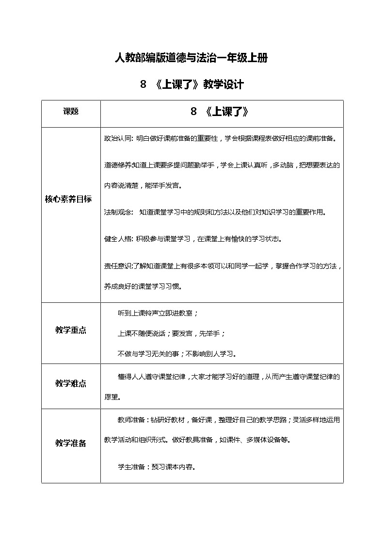 【核心素养目标】道法一上8《上课了》 课件+教案+练习01