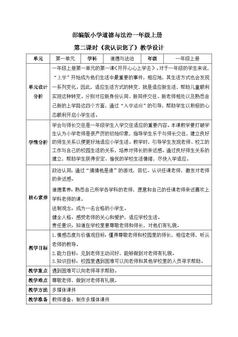 【核心素养】部编版小学道德与法治一年级上册 第二课时 我认识您了 课件+教案（含教学反思）01