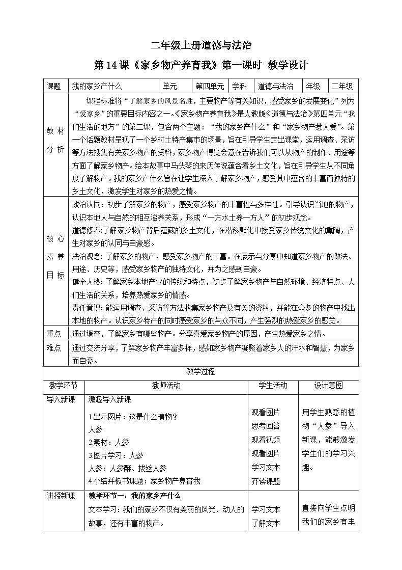 【核心素养目标】二年级上册道德与法治第14课《家乡物产养育我》ppt教学课件（第一课时）+素材+教案教学设计01