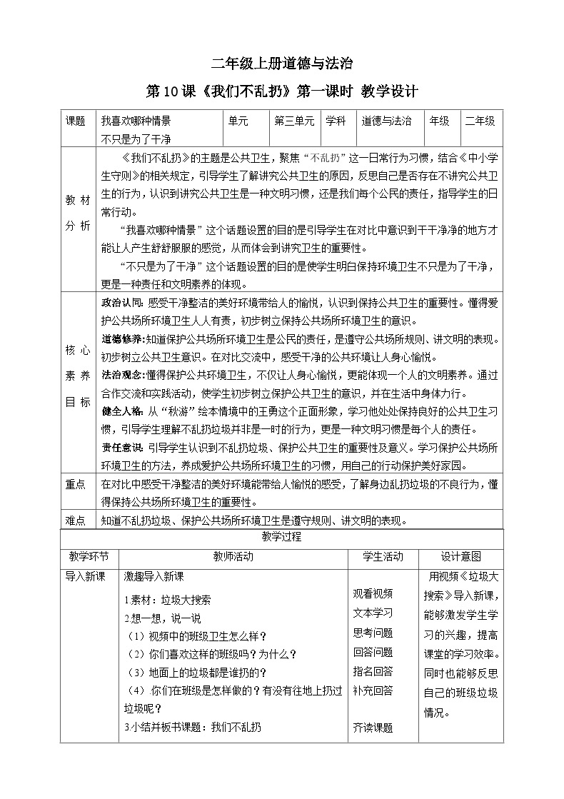 【核心素养目标】二年级上册道德与法治第10课《我们不乱扔》ppt教学课件（第一课时）+素材+教案教学设计01